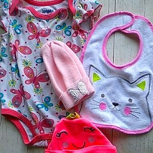 Baby girl hat kitty cat bib bundle